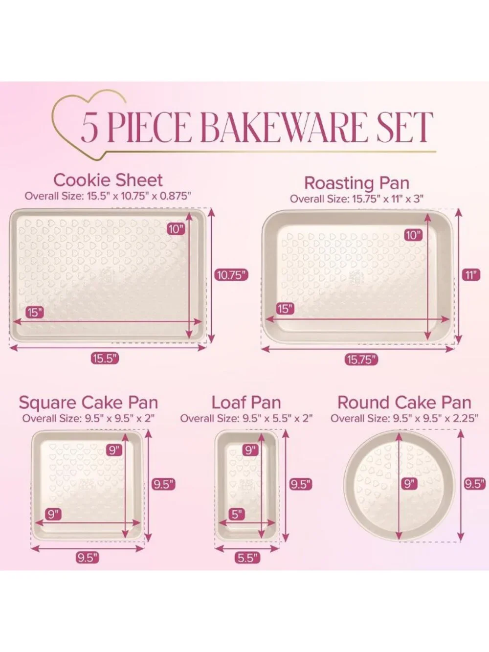 Nonstick Heart Pattern Bakeware Set - 5-Piece Heavy Duty Carbon Steel Pans, Pink